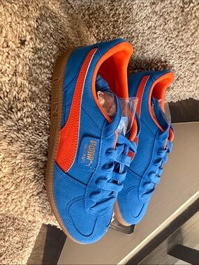 Puma Kids Bright Blue Suede Sneakers with Orange Accents